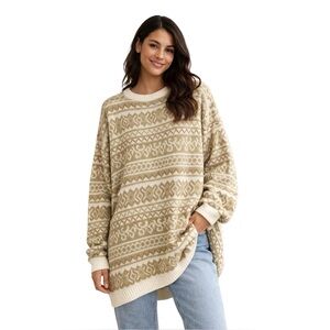 Vintage 90s Beldoch Popper Gold-Fleck Fair Isle Oversized Sweater – Size L